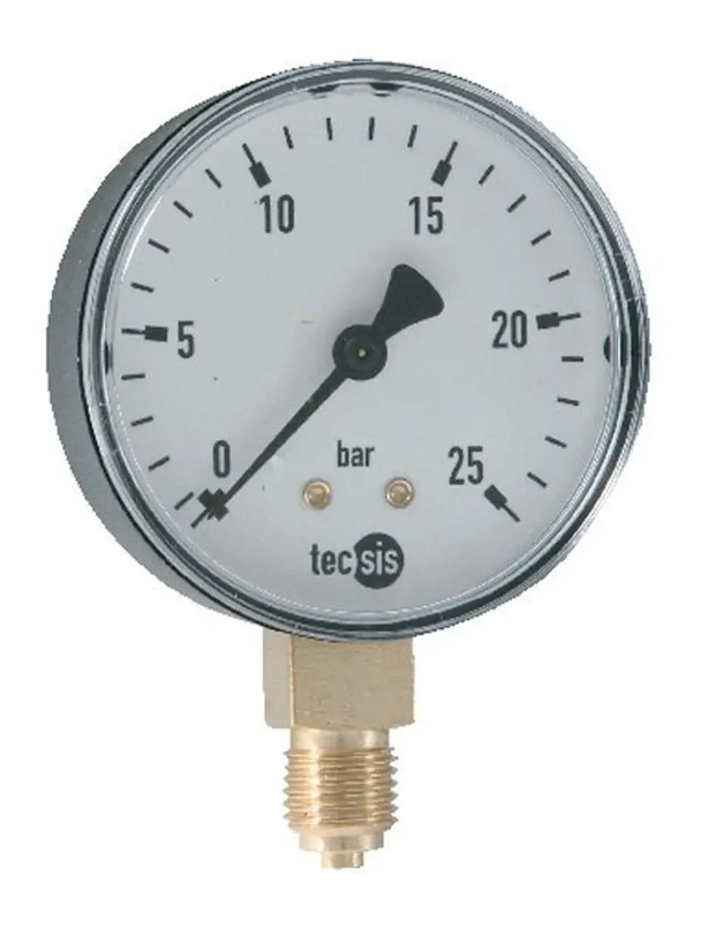Manometer mit skaliertem Ziffernblatt, das Druck im Bereich von 0 bis 25 bar anzeigt. Geeignet für Anwendungen von Syr. Verbindung über ein zentrales Gewinde.